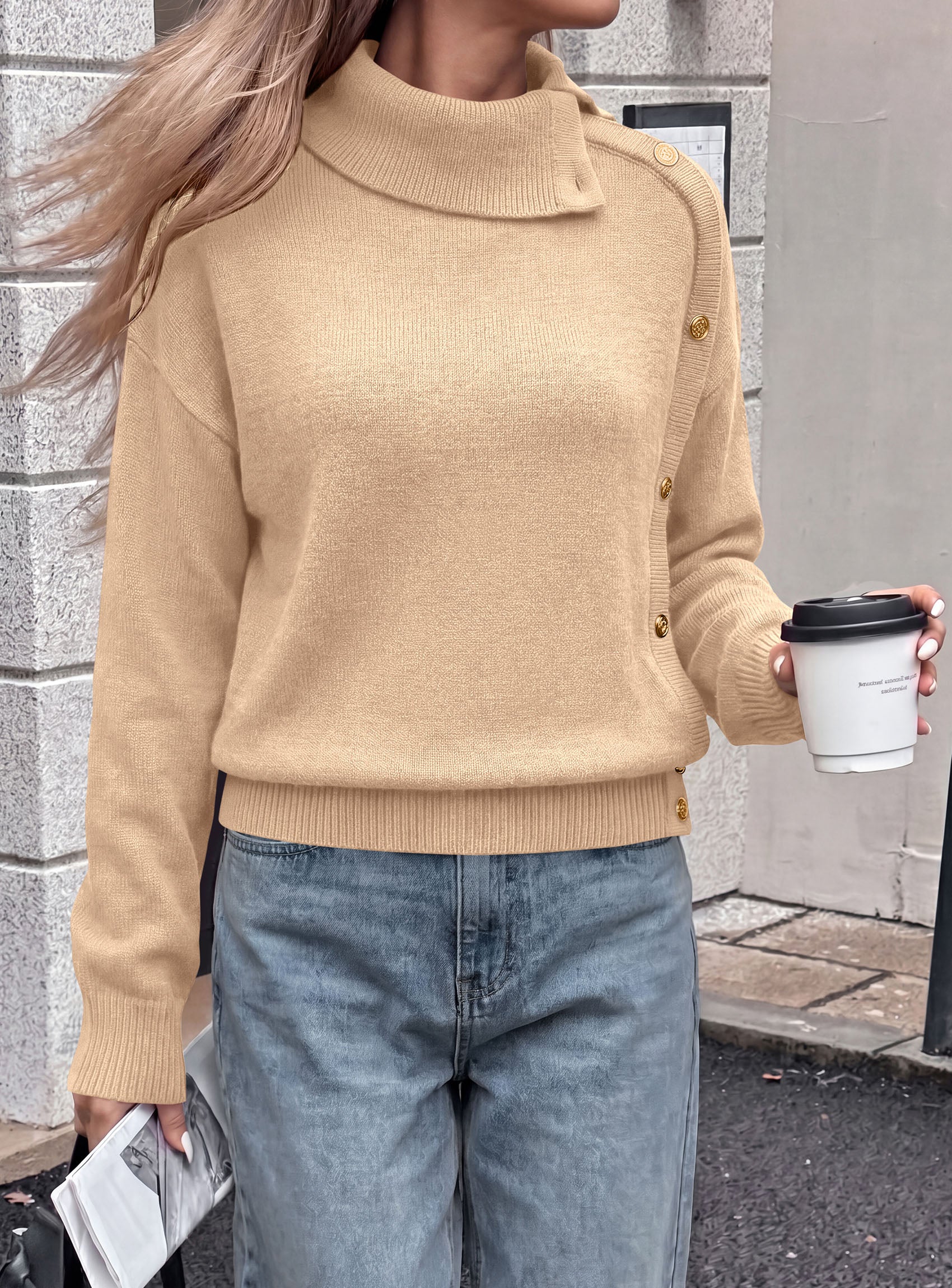 PRETTYGARDEN Womens Turtleneck Sweater Pullover Side Button Fall Clothes  Stretchy Knit,Dropped Shoulder,Ribbed Cuffs,Asymmetrical,Jumper Long Sleeve Tops,Work Office,2026 Winter Casual Outfits