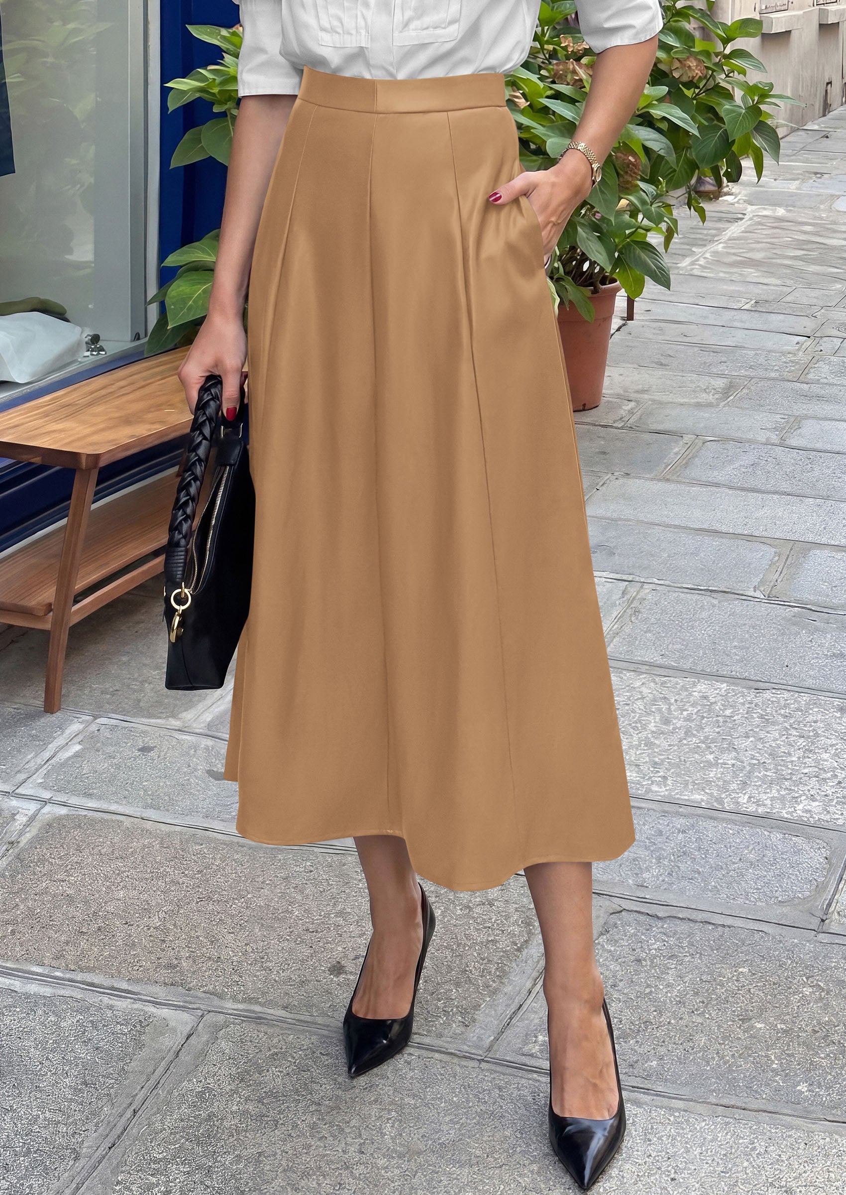 PRETTYGARDEN Womens Faux Leather High Waisted Midi Skirt | Flowy A Line Pleated Skirts, Elegant Swing Flared, Work Business Casual Outfits, Fall Winter Fashion Clothes