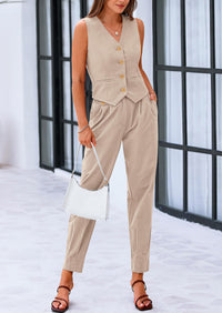 PRETTYGARDEN Two Piece V Neck Button Front Cropped Tank Tops Vest Pockets Pants Cotton Sets