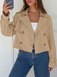 PRETTYGARDEN Cropped Trench Coat For Women Short Jacket  Soft Lightweight Coats, Lapel Double Breasted, Long Sleeve Loose Fit, Casual Work Office Jackets, Fall Winter Outwear