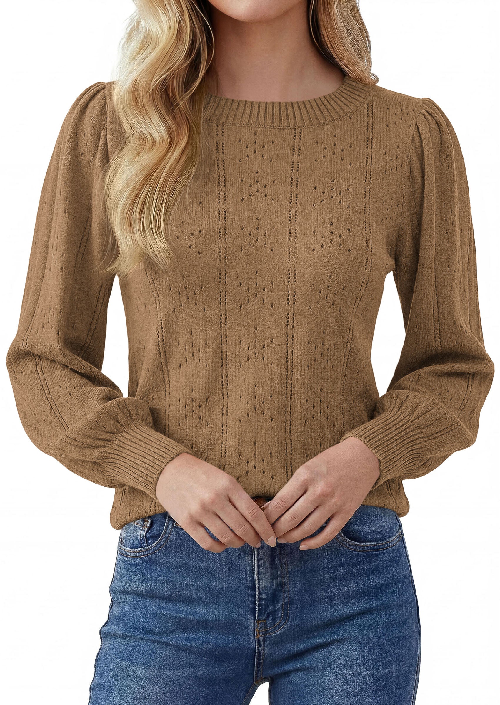 PRETTYGARDEN Women Fall Fashion Hollow Out Holiday Sweaters | Stretchy Cozy Knit, Puff Long Sleeve Pullover Tops, Crewneck Loose Fit, Dressy Casual Blouse, Trendy Winter Going Out Outfits