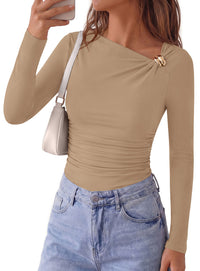 PRETTYGARDEN Long Sleeve Shirts for Women 2026 Ruched Knit Asymmetrical Tight Fitted Going Out Tops Y2k Fall Clothes