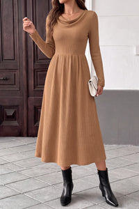 PRETTYGARDEN Women Casual Cowl Neck Long Sleeve Midi Dress