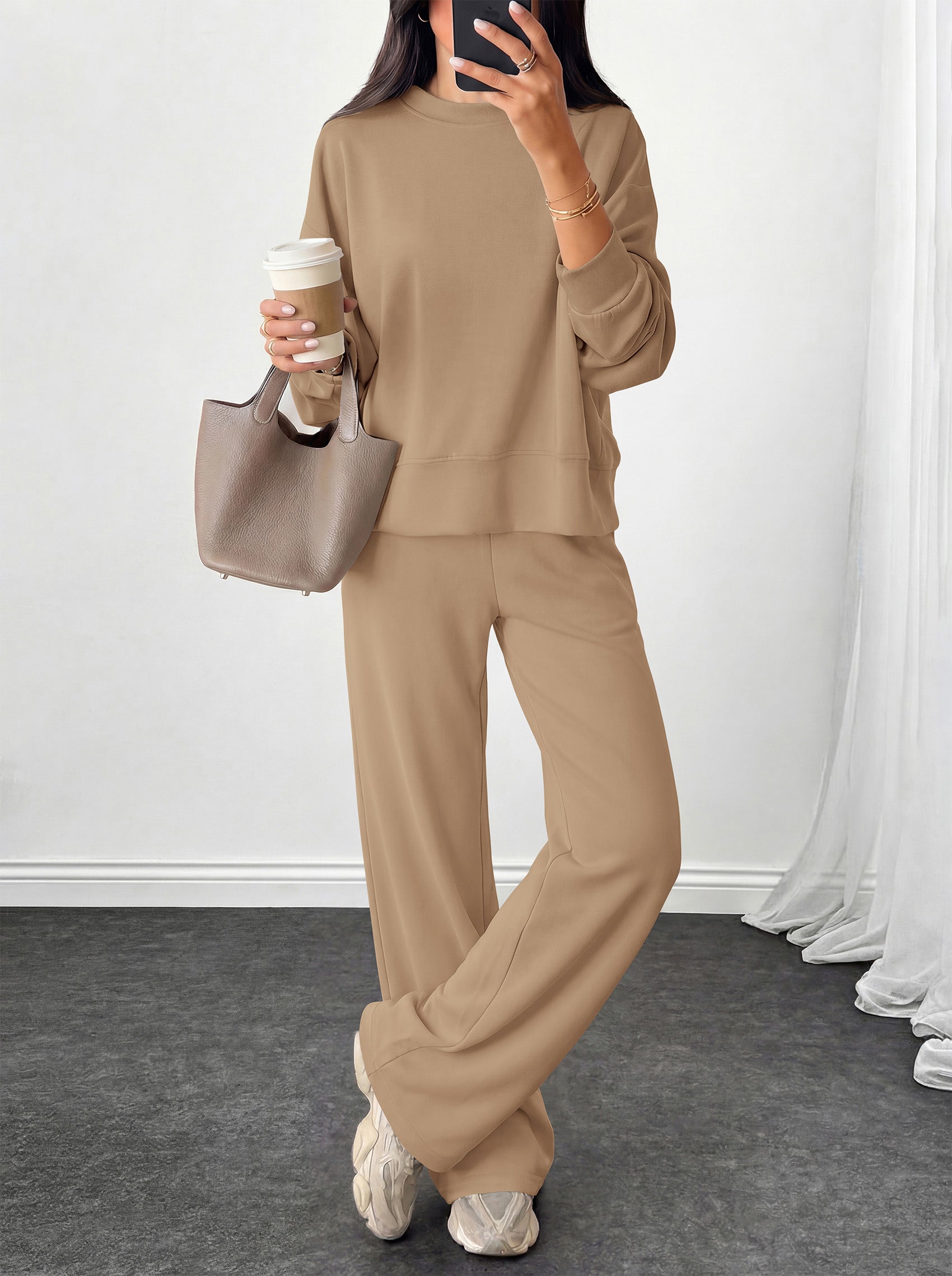 PRETTYGARDEN Womens 2 Piece Outfits Fall Sweatsuits Matching Lounge Sets  | Crewneck Long Sleeve Sweatshirt, Wide Leg Pants Sets with Pockets & Drawstring, Casual Tracksuit, Travel Airport Outfits 2026