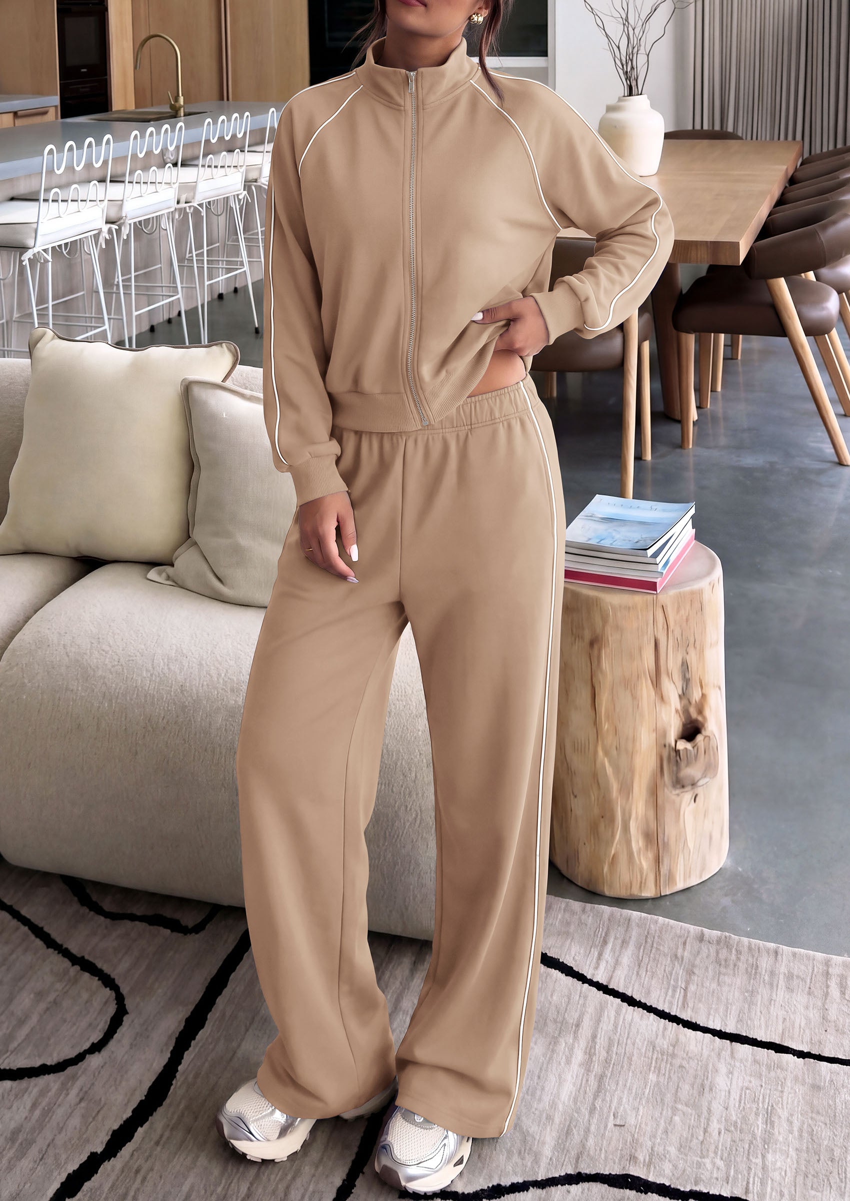 PRETTYGARDEN Women's 2 Piece Sweat Set Casual Fall Outfits | Zip Up Sweatshirt,Wide Leg Pants Sweatsuits,Side Stripes,Matching Lounge Sets,Athletic Wear for Airport,Jogging,Travel,Daily