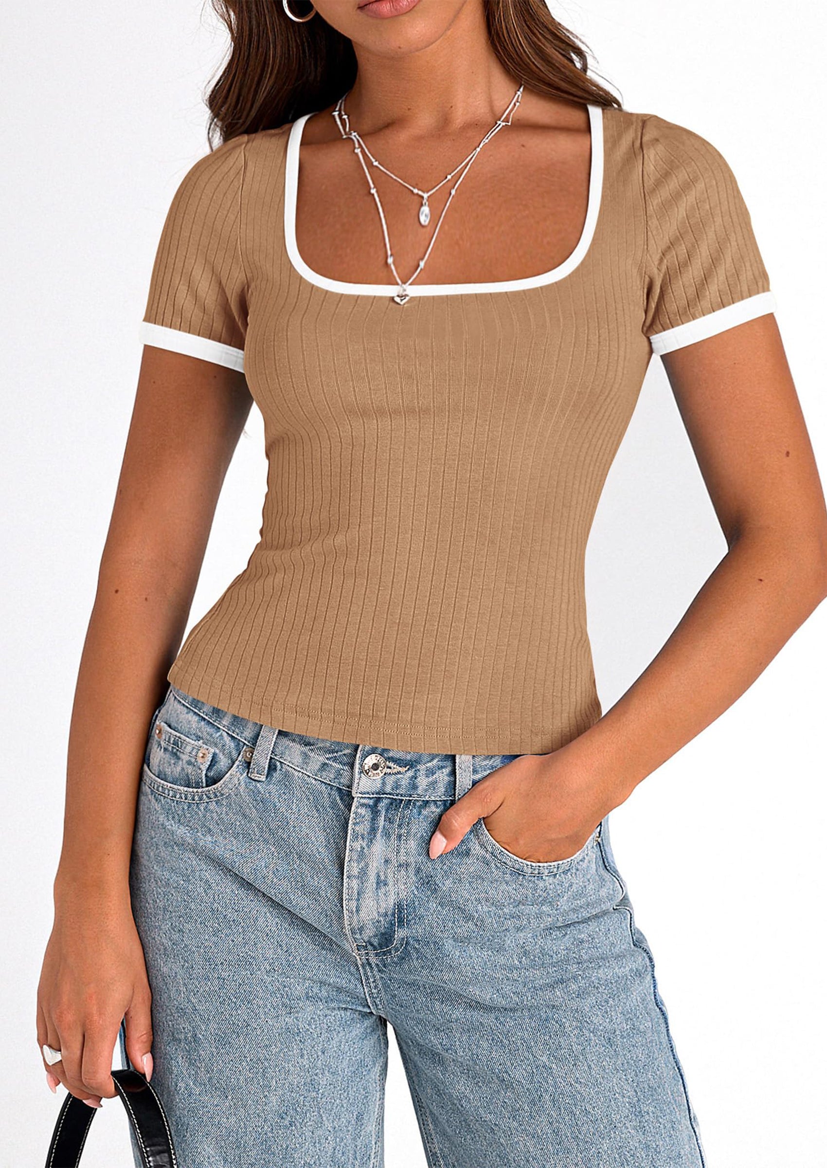 PRETTYGARDEN Women's Summer Short Sleeve T Shirts Ribbed Knit Square Neck Color Block Slim Fit Basic Casual Crop Tops Blouses