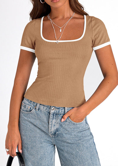 PRETTYGARDEN Women's Summer Short Sleeve T Shirts Ribbed Knit Square Neck Color Block Slim Fit Basic Casual Crop Tops Blouses