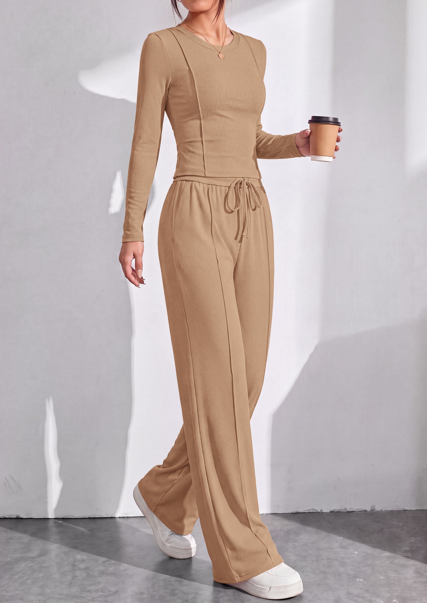 PRETTYGARDEN Womens 2 Piece Sets Long Sleeve Outfits  Soft Ribbed Knit, Loose Wide Leg Fit, Crop Top Drawstring High Waist Pants Set, Casual Lounge Travel, Matching Fall Clothes