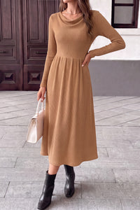 PRETTYGARDEN Women Casual Cowl Neck Long Sleeve Midi Dress