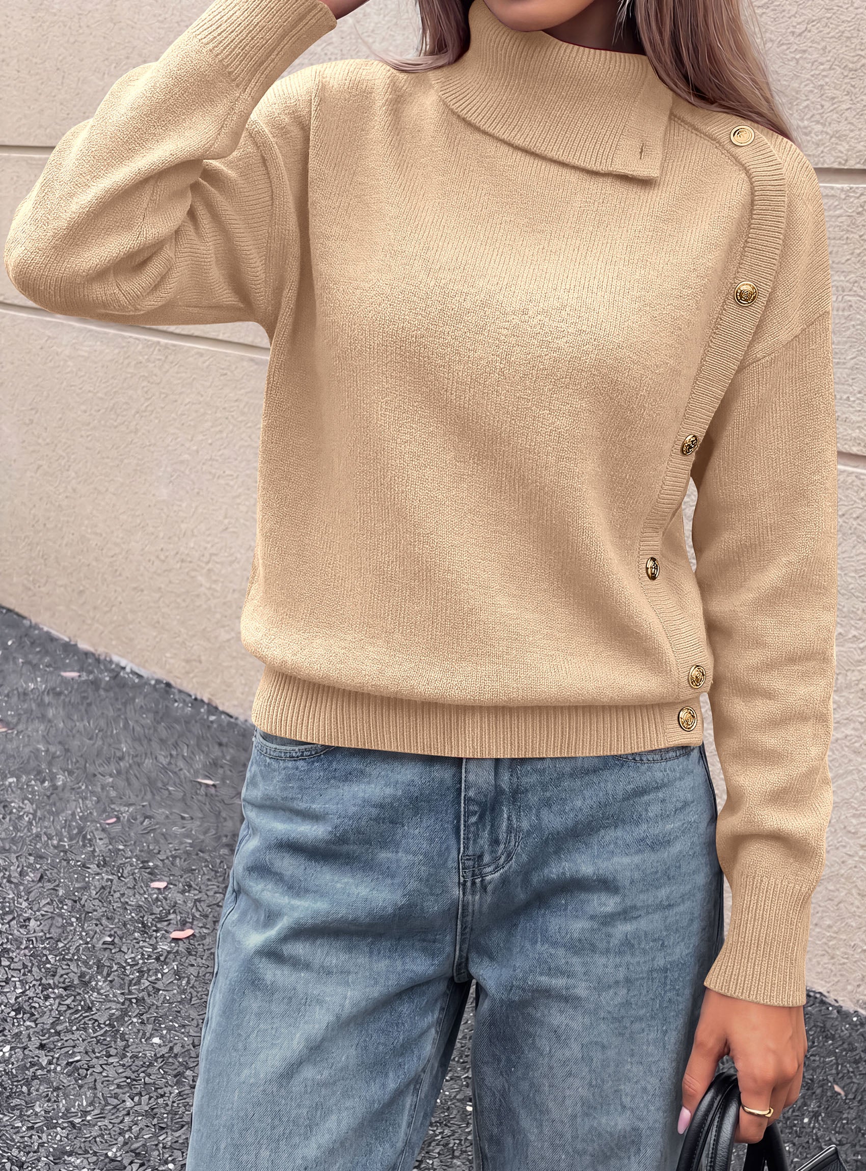 PRETTYGARDEN Womens Turtleneck Sweater Pullover Side Button Fall Clothes  Stretchy Knit,Dropped Shoulder,Ribbed Cuffs,Asymmetrical,Jumper Long Sleeve Tops,Work Office,2026 Winter Casual Outfits