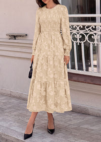 PRETTYGARDEN Fall Floral Long Sleeve Wedding Guest Dress for Women Pockets | Casual Textured Jacquard Smocked High Waist A-line Boho Flowy Midi Dress, Semi Formal Cocktail Dresses for Women 2026