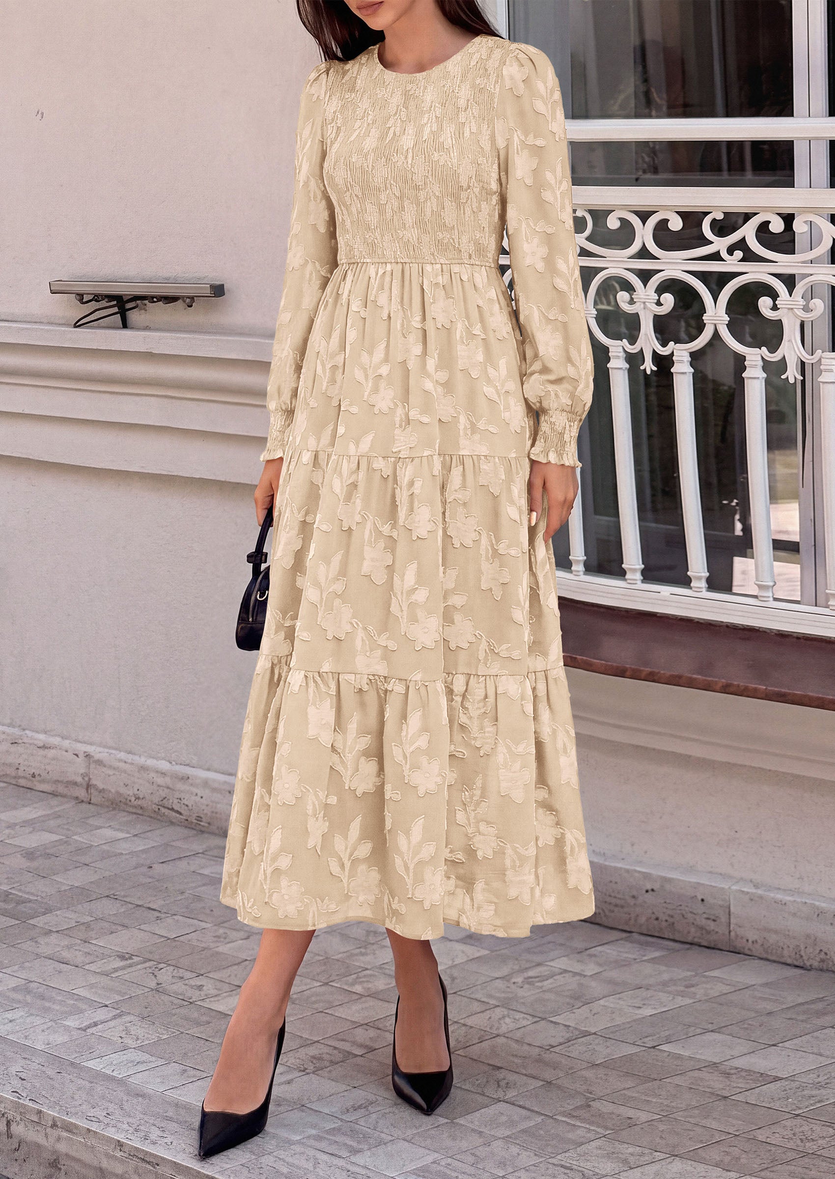 PRETTYGARDEN Fall Floral Long Sleeve Wedding Guest Dress for Women Pockets | Casual Textured Jacquard Smocked High Waist A-line Boho Flowy Midi Dress, Semi Formal Cocktail Dresses for Women 2026