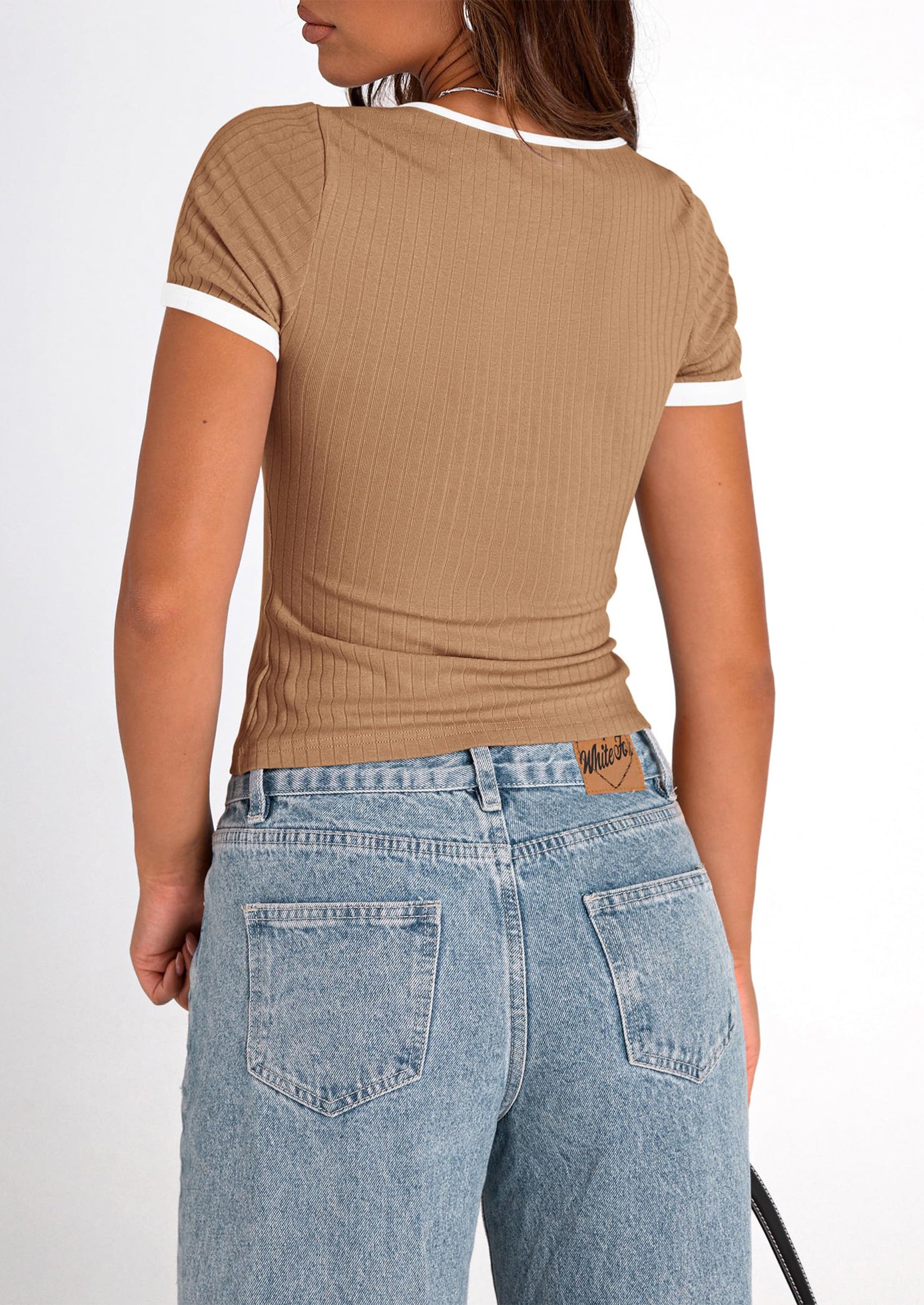 PRETTYGARDEN Women's Summer Short Sleeve T Shirts Ribbed Knit Square Neck Color Block Slim Fit Basic Casual Crop Tops Blouses