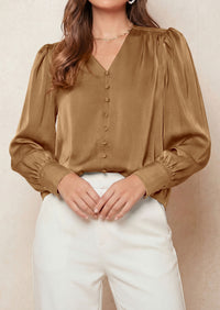 PRETTYGARDEN Satin Long Sleeve Womens Blouses Dressy Casual | Glossy Smooth Silk Fabric,Lantern Sleeve Fall Tops,Decorative Button Pullover,V Neck Shirts,Office Work Business Outfits