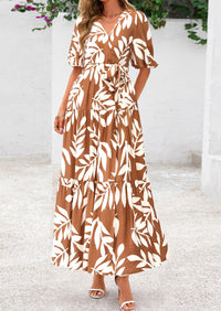 PRETTYGARDEN Women's Maxi Dress Resort Wear Boho Floral V Neck Puff Short Sleeve Ruffle Flowy Beach Long Dresses