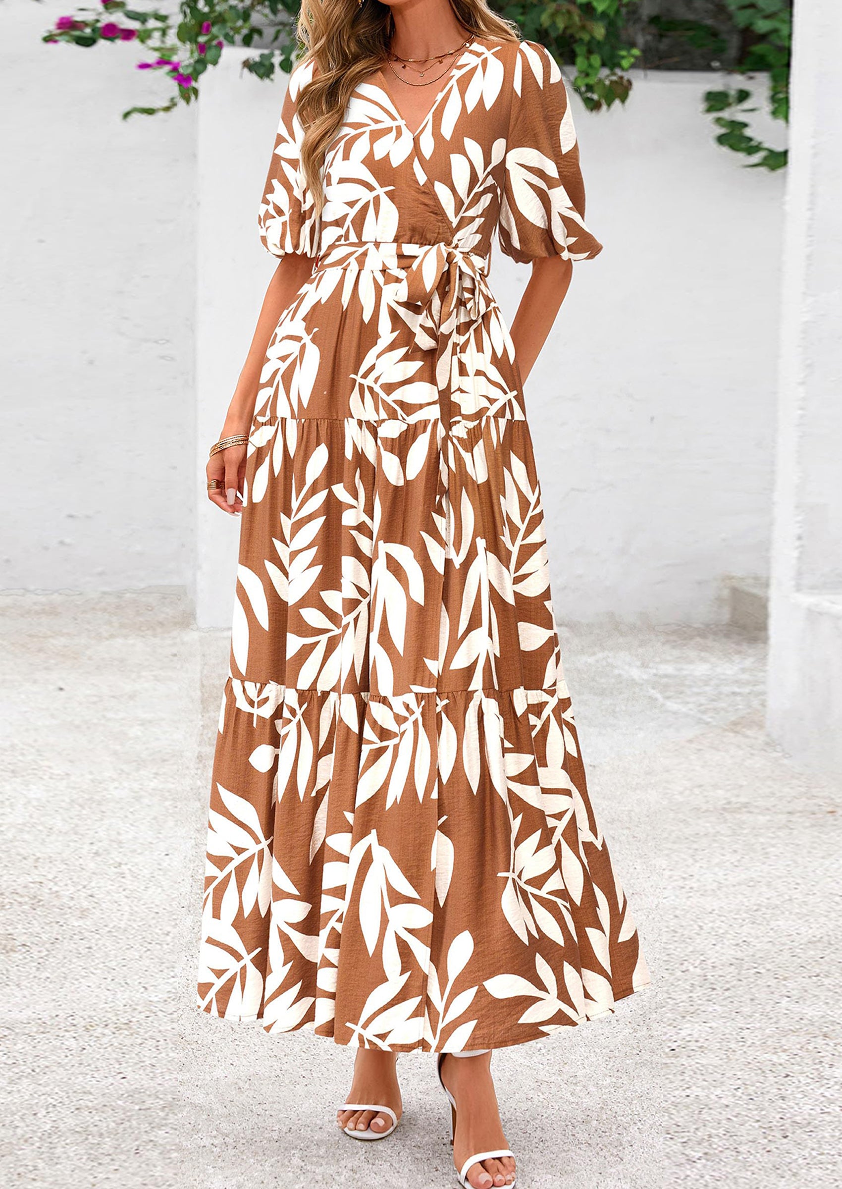 PRETTYGARDEN Women's Maxi Dress Resort Wear Boho Floral V Neck Puff Short Sleeve Ruffle Flowy Beach Long Dresses