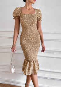 PRETTYGARDEN Bodycon Midi Dresses Summer Floral Puff Sleeve Mermaid Cocktail Baby Shower Photoshoot Maternity Dress