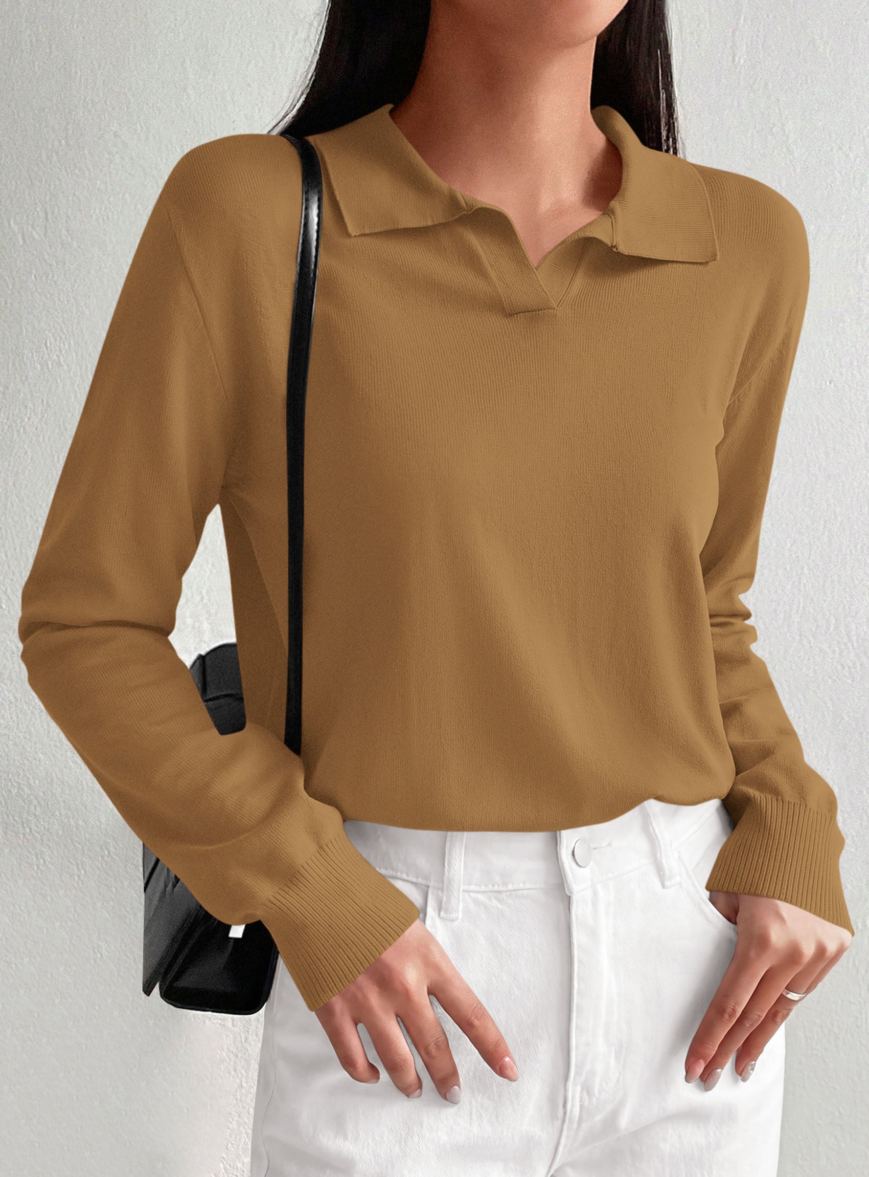 PRETTYGARDEN Womens Long Sleeve Collared Polo Sweater V Neck Knit Ribbed Business Casual Pullover Sweaters 2026 Fall Outfits