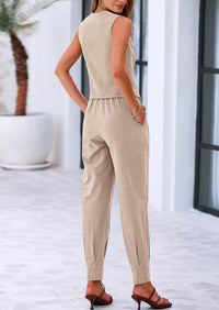 PRETTYGARDEN Two Piece V Neck Button Front Cropped Tank Tops Vest Pockets Pants Cotton Sets