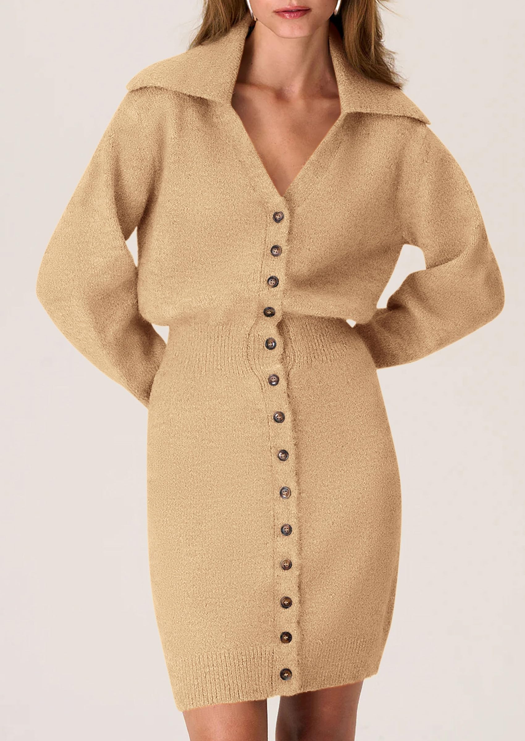 PRETTYGARDEN Sweater Dresses for Women Trendy Long Sleeve Button Down Short Spring Dress