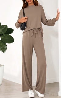 PRETTYGARDEN Womens 2 Pieces Lounge Sets Crewneck Long Sleeve Wide Leg Drawstring Pants Tracksuits Loose Fit Outfits Set
