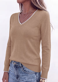 PRETTYGARDEN Women's V Neck Sweater Long Sleeve Knit Tops | Contrast Trim, Cozy Lightweight Pullover, Loose Basic Soft, Business Casual, Holiday Vacation Outfits, Fall Winter Clothes