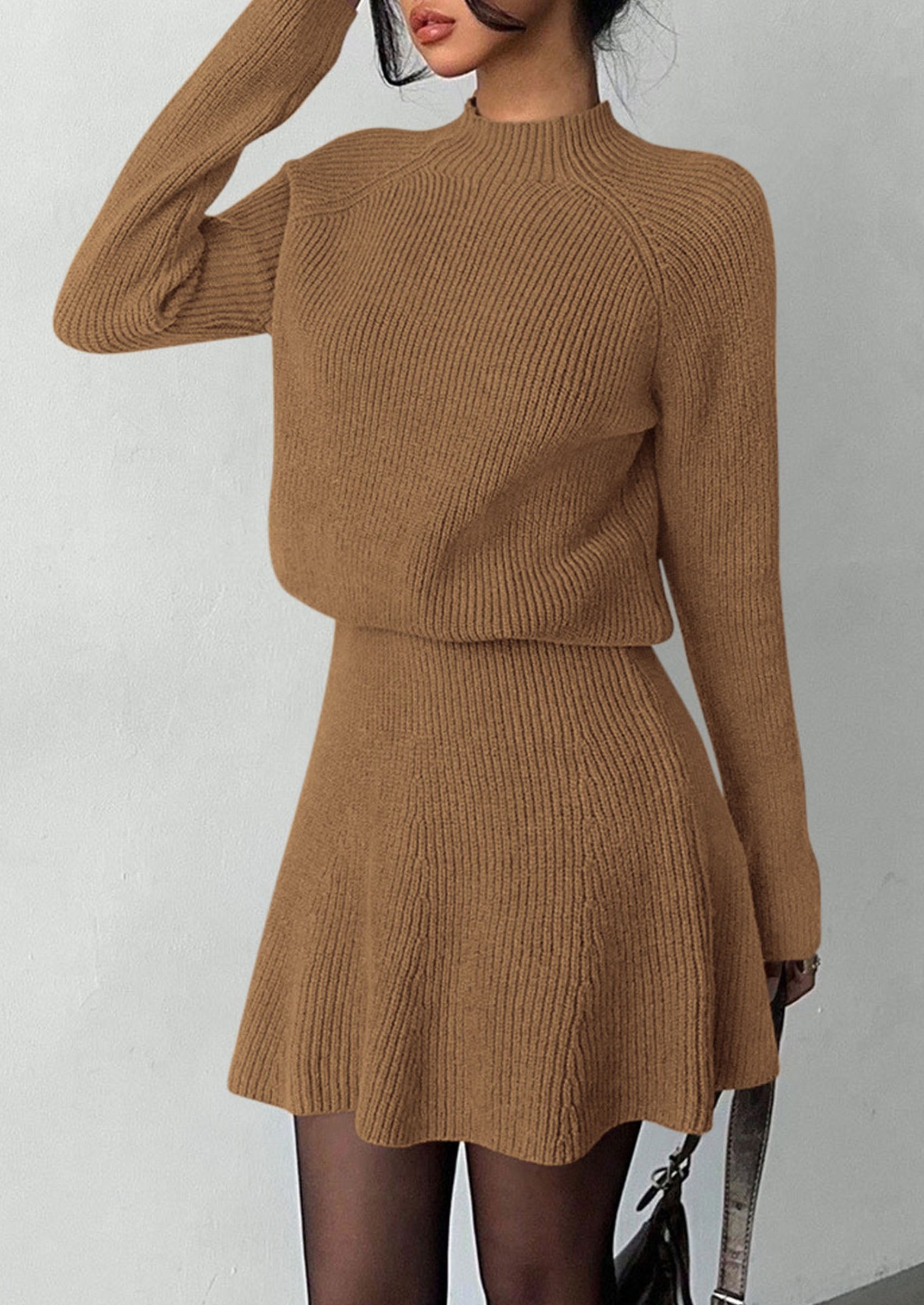 PRETTYGARDEN Women's Fall 2 Piece Outfits Matching Sweater Skirt Sets  Cozy Ribbed Knit, Raglan Long Sleeve, Crewneck Pullover, Elastic Waist A Line, Mini Short Skirts, Holiday Winter Clothing