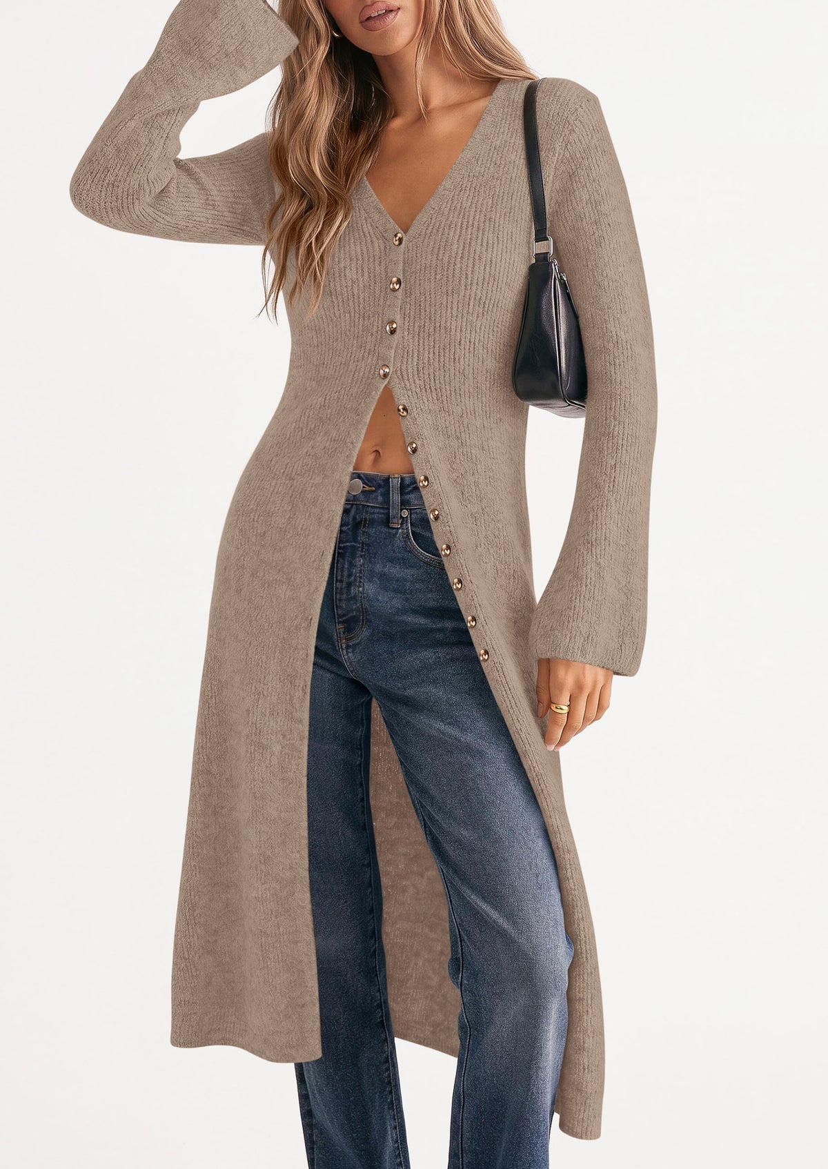 PRETTYGARDEN Women Long Cardigan Bell Sleeve Sweater Dress  Early Fall Fashion, V Neck Button Down Coats, Fit and Flare, Duster Sweater, Business Casual Outfits, Acrylic Cotton Blend