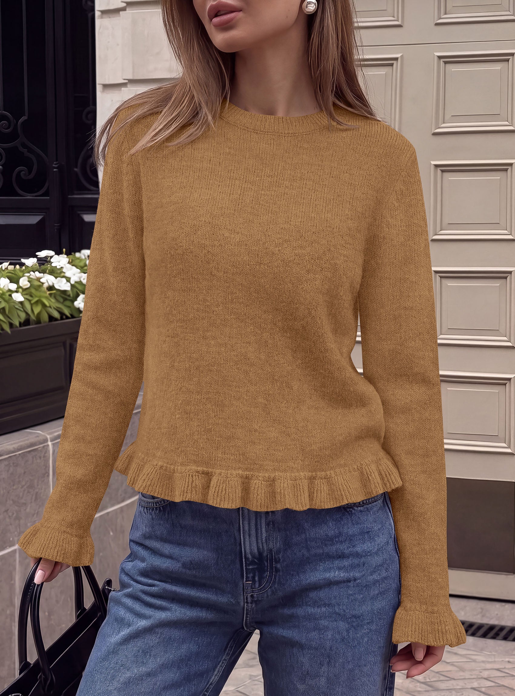 PRETTYGARDEN Women's Ruffle Sweaters Fall Fashion Cozy Knit Pullover  Soft Warm Chunky, Crewneck Long Sleeve, Cute Peplum Tops, Dressy Casual Blouses, Going Out Holiday, Trendy Winter Outfits