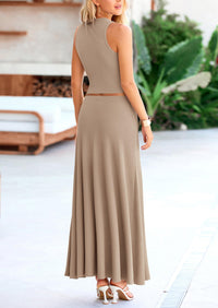 PRETTYGARDEN 2 Piece Maxi Skirt Sets Casual Knit Cropped Tank Top High Waisted Long Skirts Outfit