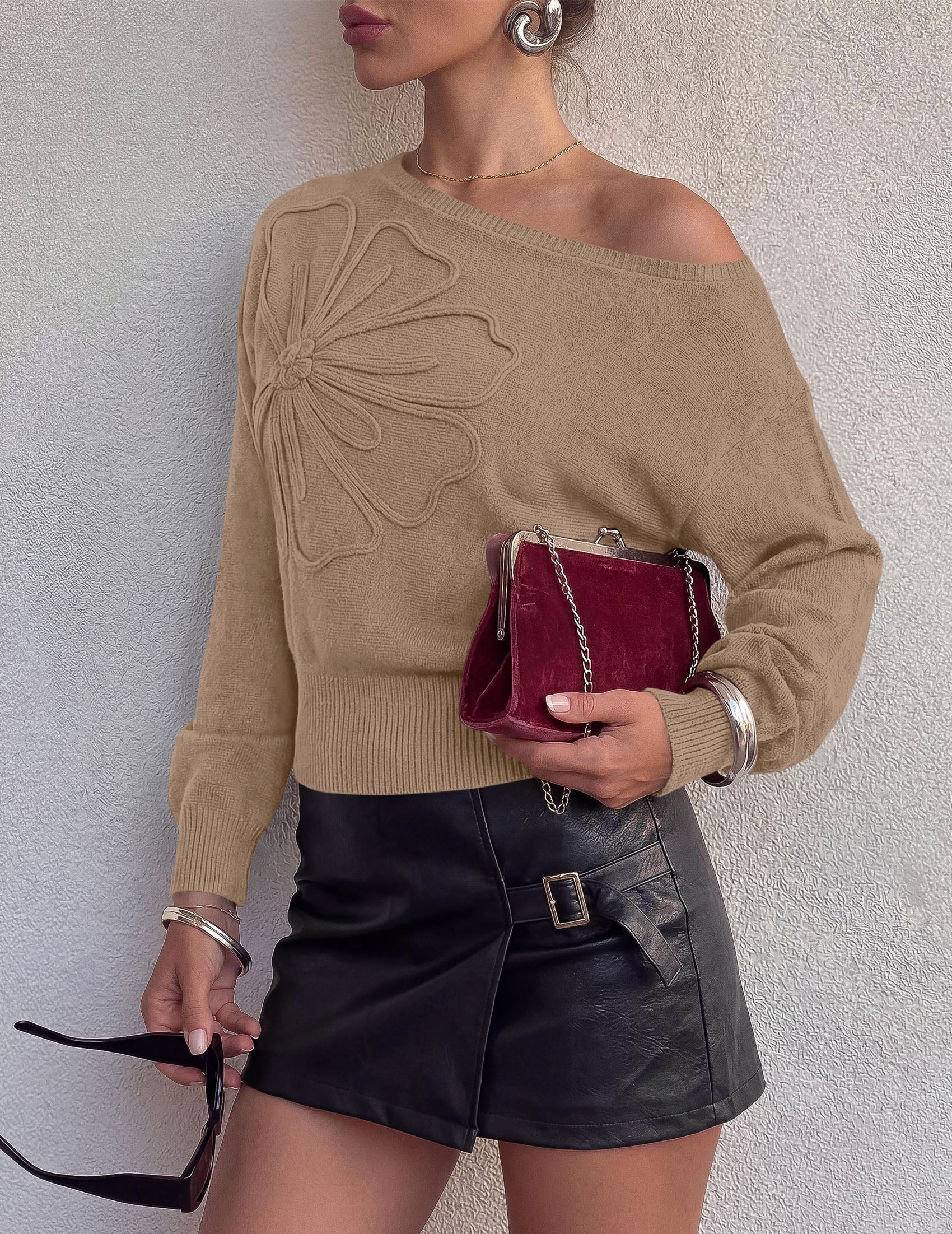 PRETTYGARDEN Women's Fall Off The Shoulder Sweater Tops   | 3D Flower Off Shoulder Sweater, Cinched Waist, Long Sleeve Cropped Sweaters, Knit Pullover Tops, Trendy Date Night Outfit