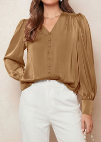 PRETTYGARDEN Satin Long Sleeve Womens Blouses Dressy Casual | Glossy Smooth Silk Fabric,Lantern Sleeve Fall Tops,Decorative Button Pullover,V Neck Shirts,Office Work Business Outfits