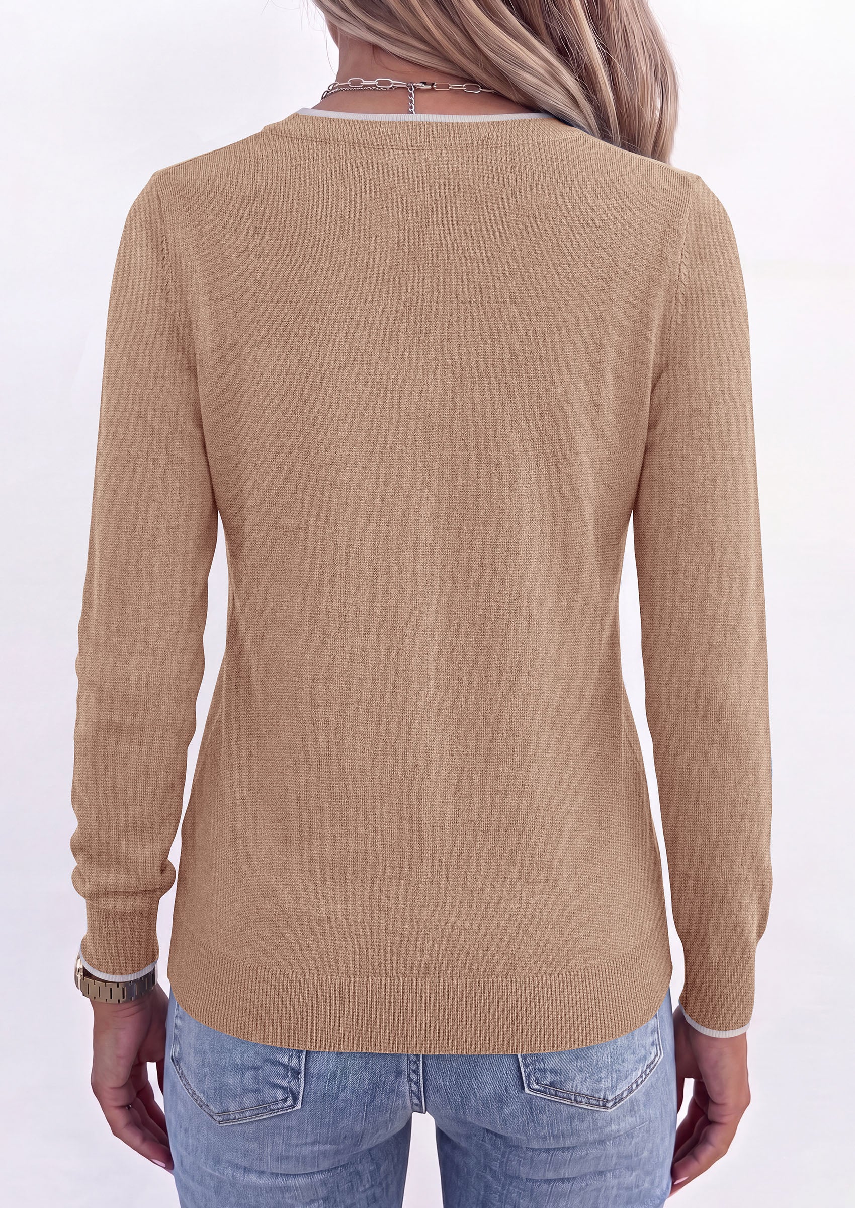 PRETTYGARDEN Women's V Neck Sweater Long Sleeve Knit Tops | Contrast Trim, Cozy Lightweight Pullover, Loose Basic Soft, Business Casual, Holiday Vacation Outfits, Fall Winter Clothes