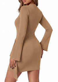 PRETTYGARDEN Women Long Sleeve Bodycon Ruched Mini Dress | Mock Neck Gold Buckle, Slim Fit, Weeding Guest Dress, Elegant Dressy Casual, Cocktail Party Date Night, Fall Winter Outfits
