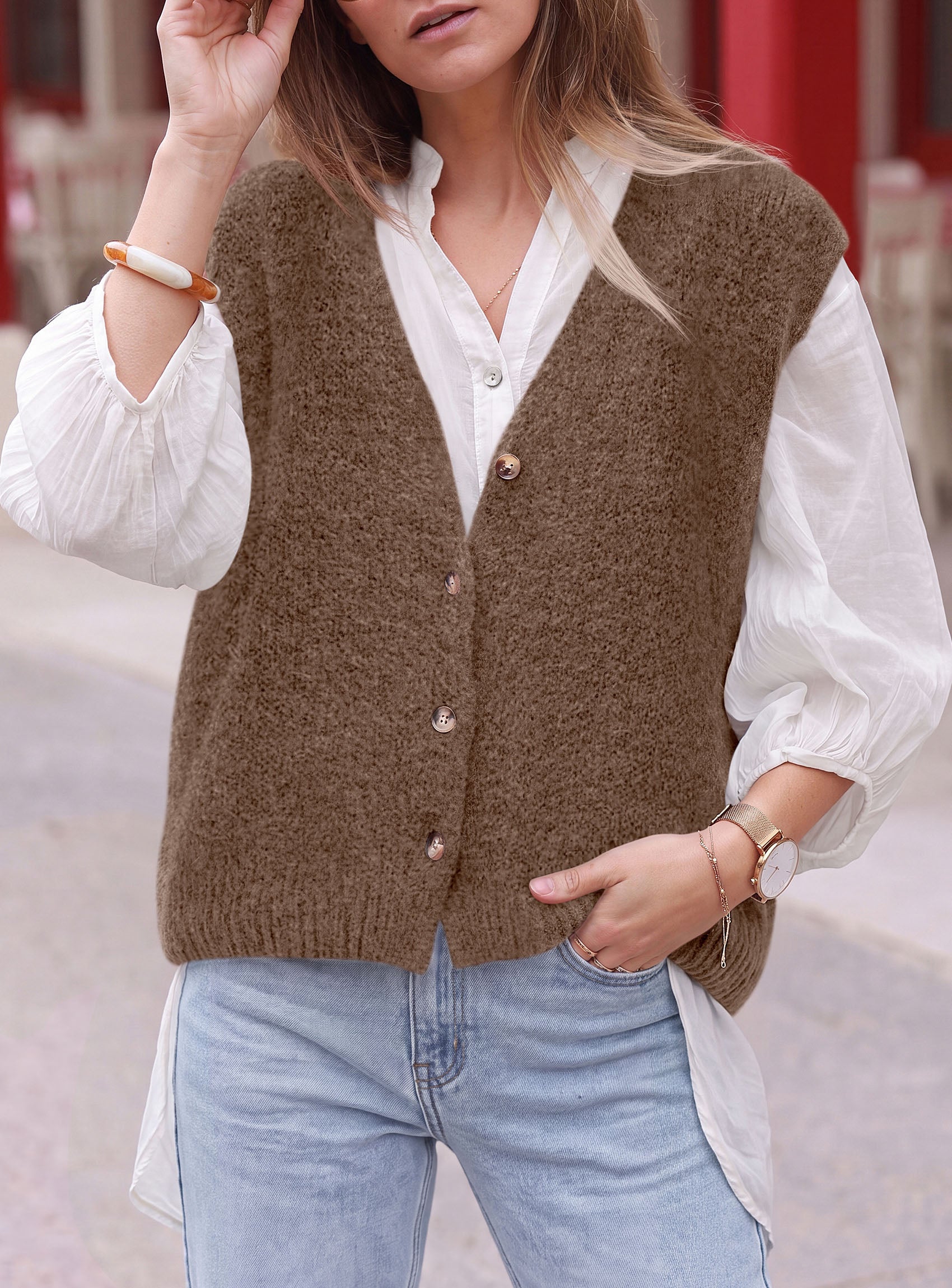 PRETTYGARDEN Womens Fall Sleeveless Button Down Sweater Vest  Soft Knit Fabric, Fashion Deep V Neck, Casual Loose Fit Sweater, Going Out Outfits, 2026 Trendy Winter Clothes
