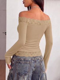 PRETTYGARDEN Women Lace Off the Shoulder Cute Going Out Tops | Y2K Cute Long Sleeve Slim Fit Cropped T-Shirt, Sexy Off Shoulder Tops for Women, Date Night Concert Tops,Fall Outfits 2026