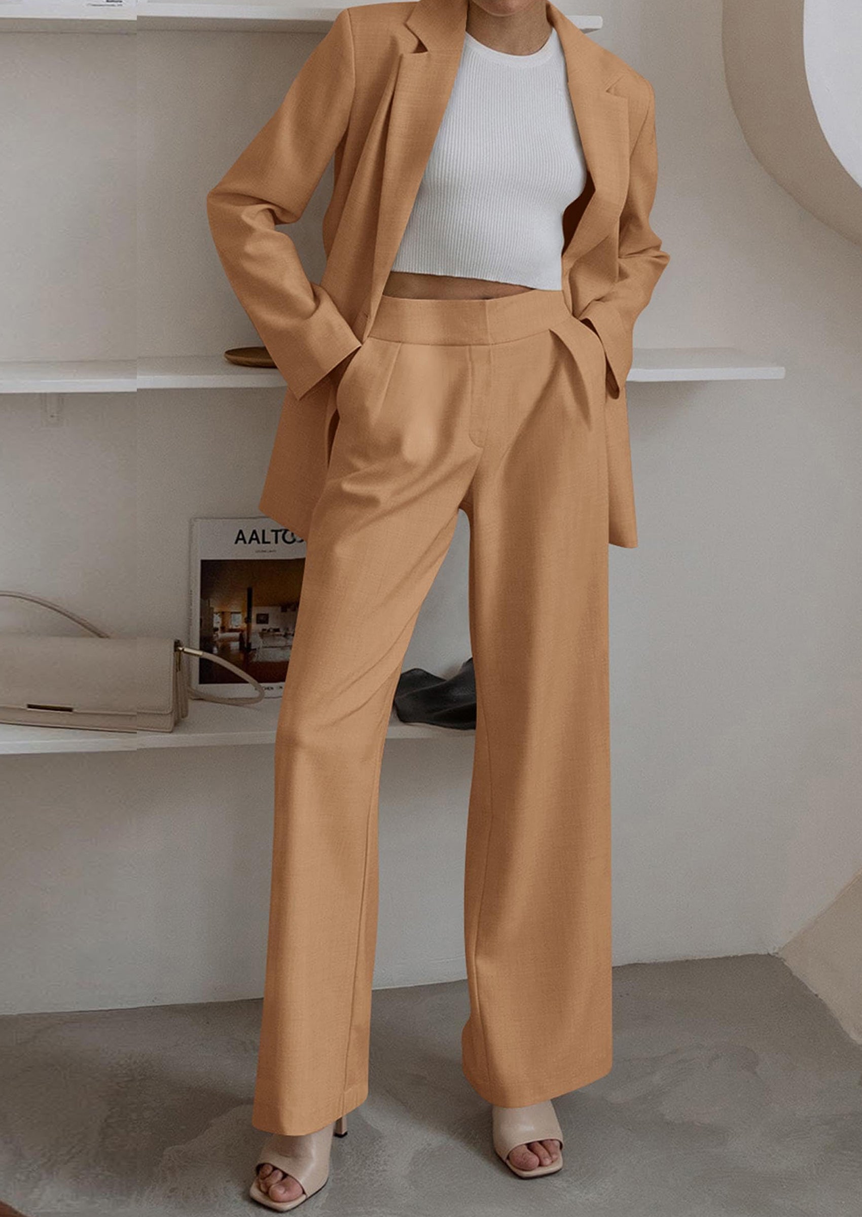 PRETTYGARDEN Women's Fall Two Piece Outfits Dressy Blazer Jacket and Wide Leg Pants Pockets Business Casual Office Suit Sets