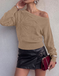 PRETTYGARDEN Women's Fall Off The Shoulder Sweater Tops   | 3D Flower Off Shoulder Sweater, Cinched Waist, Long Sleeve Cropped Sweaters, Knit Pullover Tops, Trendy Date Night Outfit