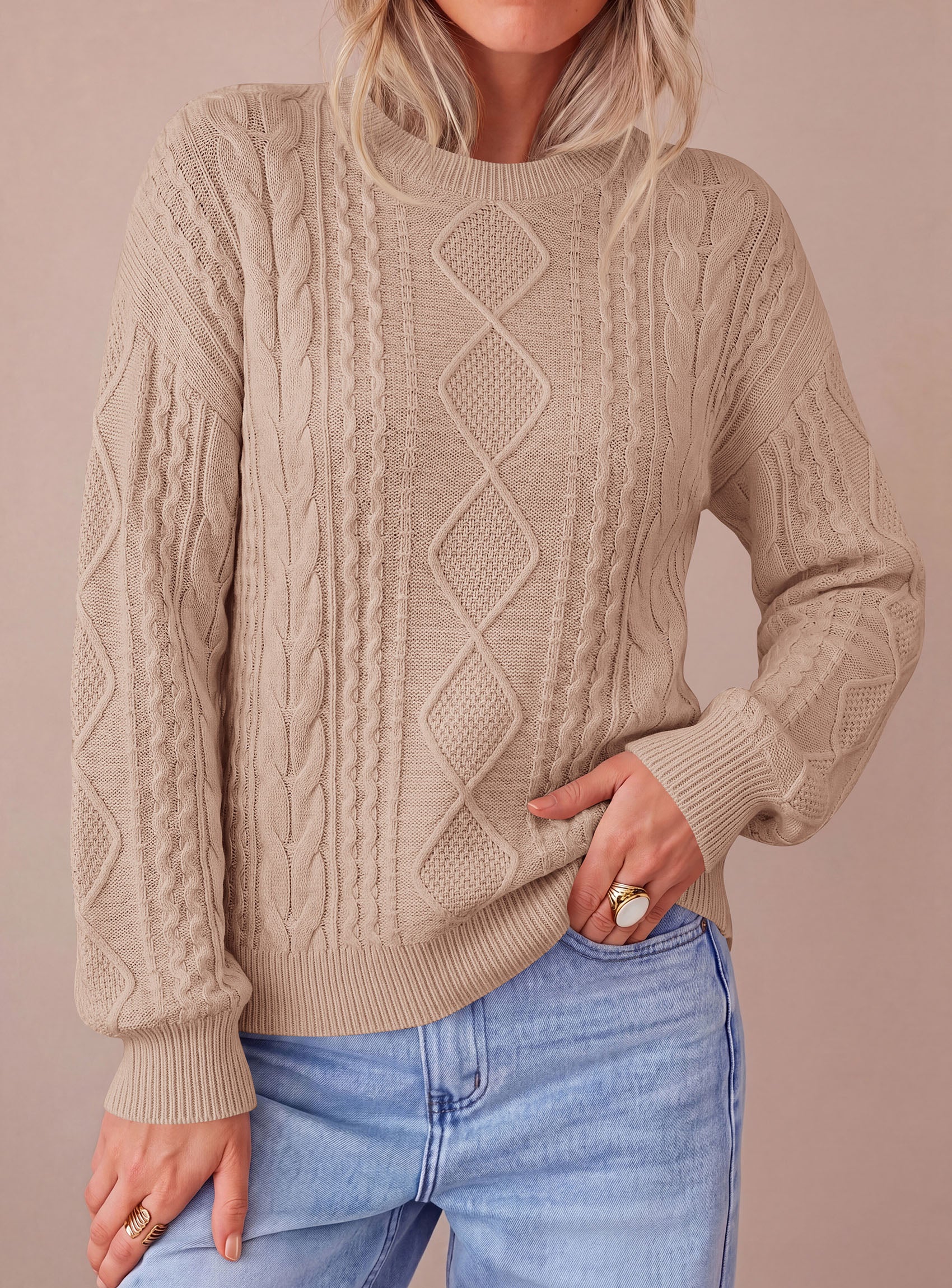 PRETTYGARDEN Womens Cable Knit Sweater Crewneck Pullover | Soft Ribbed Cuffs,Relaxed Fit Long Sleeve Sweaters,Chunky Diamond,Warm Layering,Comfy Daily Wear,Fall Winter Going out Top