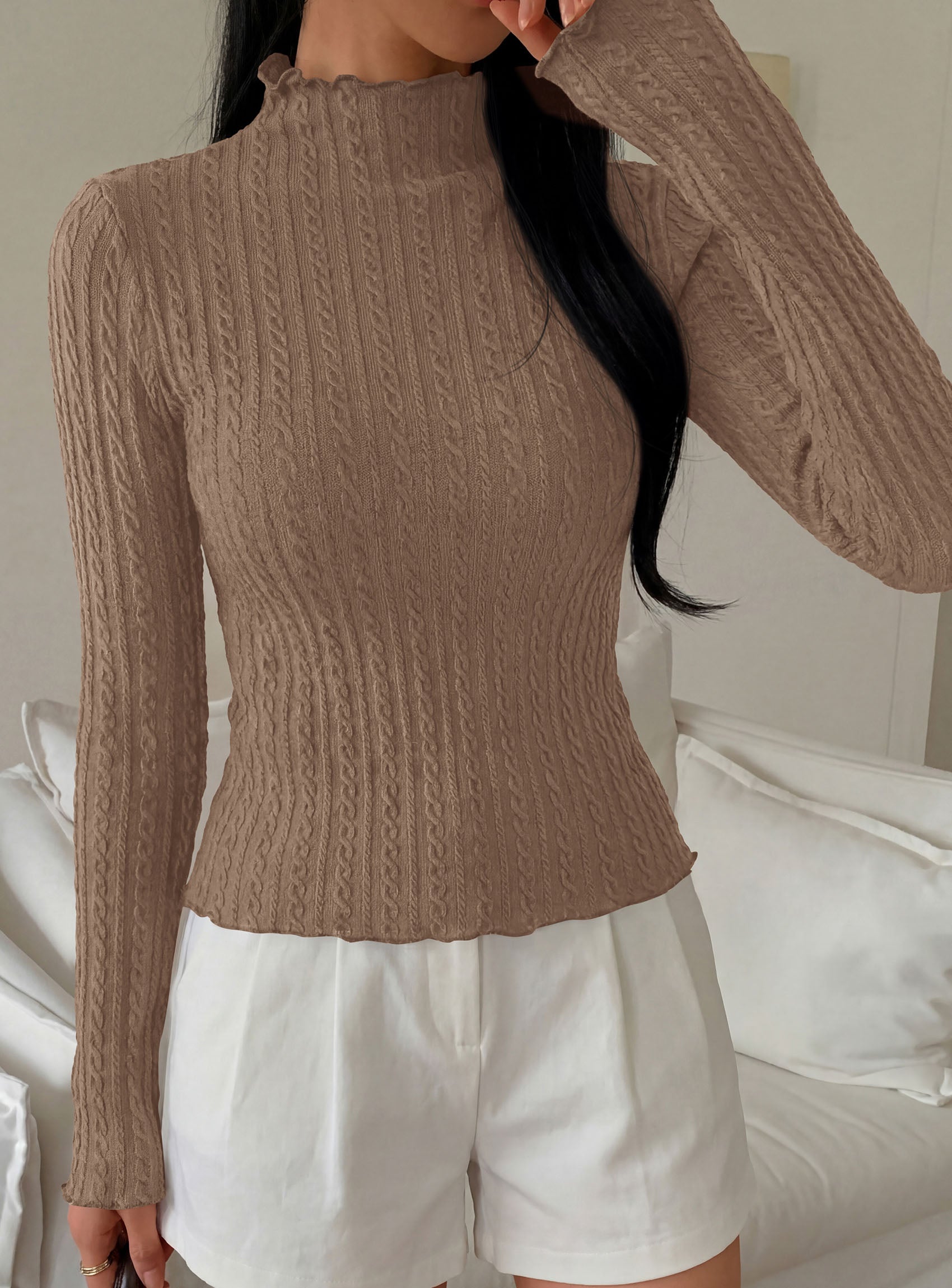 PRETTYGARDEN Women's Fall Long Sleeve Fitted Shirts | Comfy Stretchy Cable Knit, Trendy Lettuce Trim Mock Neck, Casual Basic Tees, Cute Layering Tops, 2026 Fashion Clothing