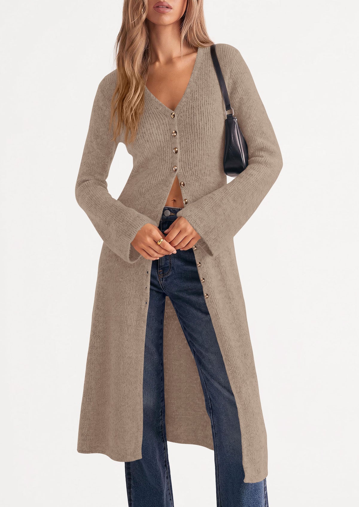 PRETTYGARDEN Women Long Cardigan Bell Sleeve Sweater Dress  Early Fall Fashion, V Neck Button Down Coats, Fit and Flare, Duster Sweater, Business Casual Outfits, Acrylic Cotton Blend