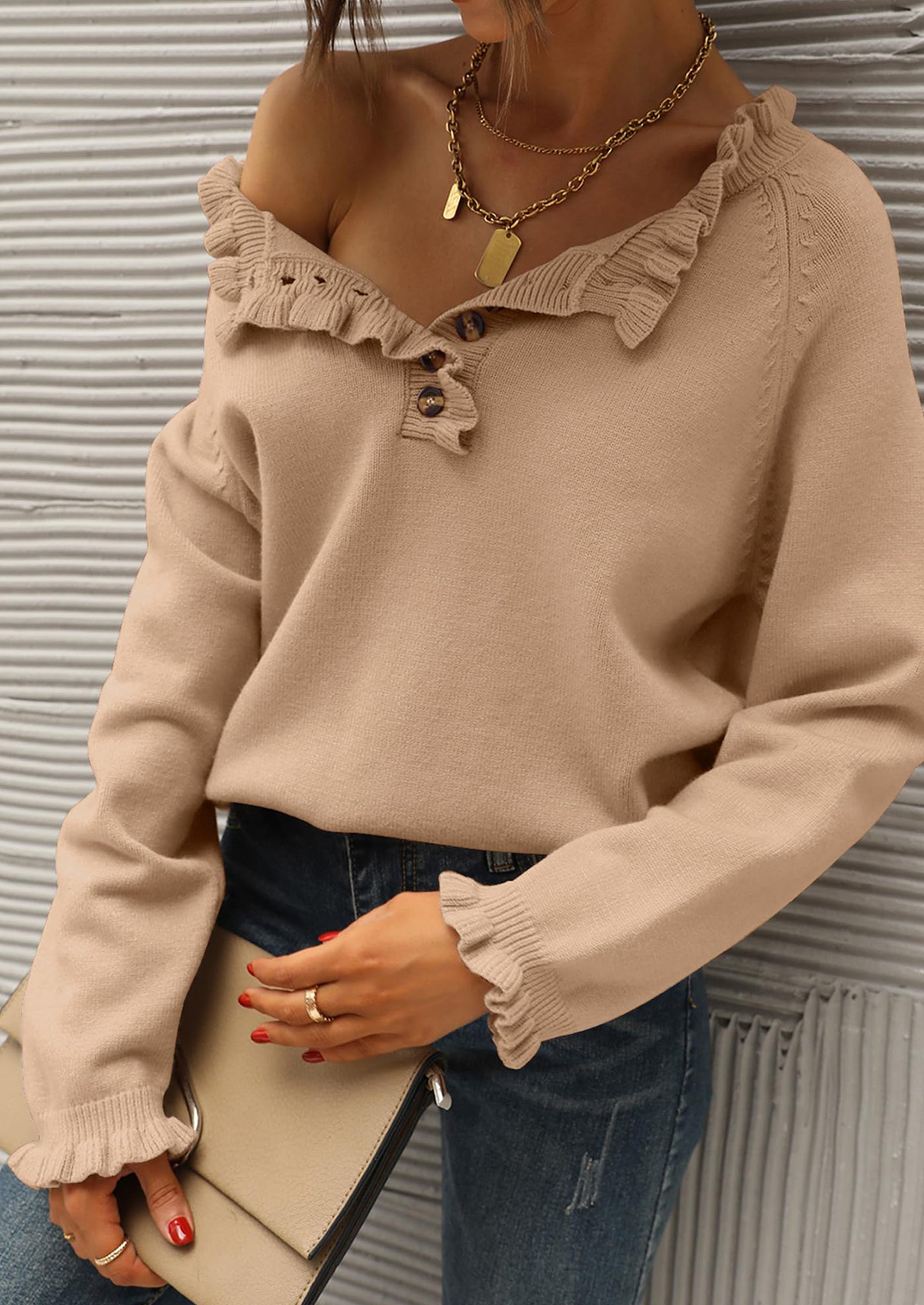 BTFBM Womens Sweaters Fall Winter Clothes 2025 Long Sleeve Button Down Ruffle Crew Neck Casual Knitted Pullover Tops PRETTYGARDEN