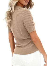 PRETTYGARDEN Women's Short Sleeve Sweater 2026 Spring Polo Shirts Ribbed Knit V Neck Business Casual Tops Summer Work Clothes PRETTYGARDEN