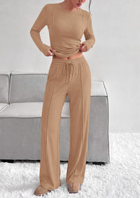 PRETTYGARDEN Womens 2 Piece Sets Long Sleeve Outfits  Soft Ribbed Knit, Loose Wide Leg Fit, Crop Top Drawstring High Waist Pants Set, Casual Lounge Travel, Matching Fall Clothes