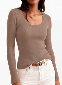 PRETTYGARDEN Women's Fall Lightweight Ribbed Knit Sweaters | Stretchy Cozy Knitwear,Scalloped Scoop Neck,Long Sleeve Shirts,Slim Fitted Pullover,Basic Layering Tops,Cute Casual Outfits