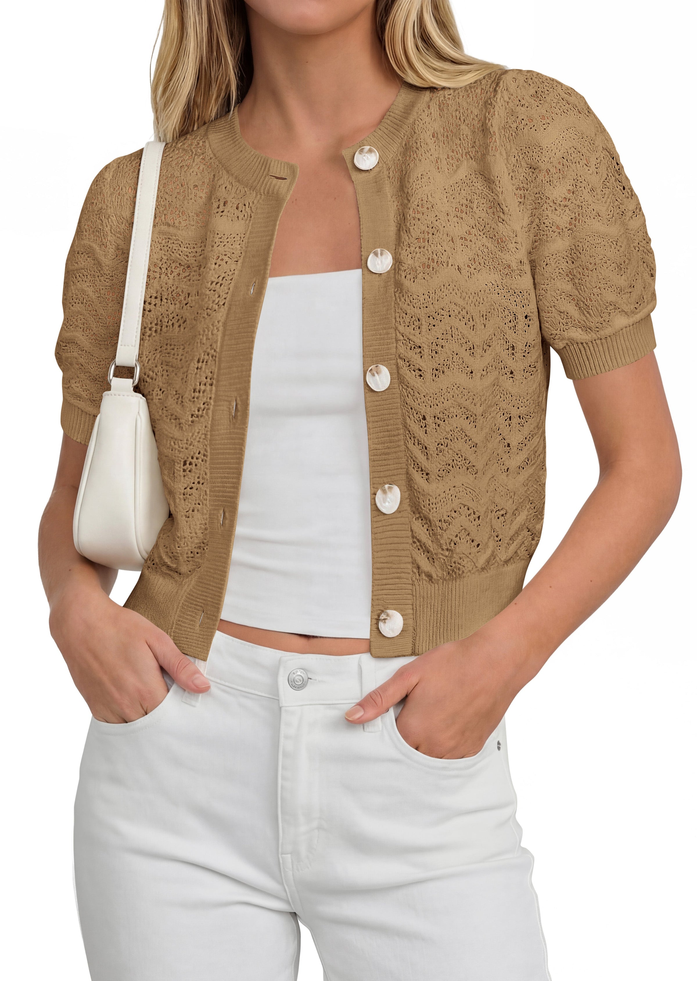 PRETTYGARDEN Summer Crochet Cardigan Sweaters for Women Cropped Button Short Sleeve Sweater Lightweight Knit Spring Tops PRETTYGARDEN