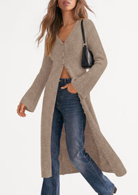 PRETTYGARDEN Women Long Cardigan Bell Sleeve Sweater Dress  Early Fall Fashion, V Neck Button Down Coats, Fit and Flare, Duster Sweater, Business Casual Outfits, Acrylic Cotton Blend
