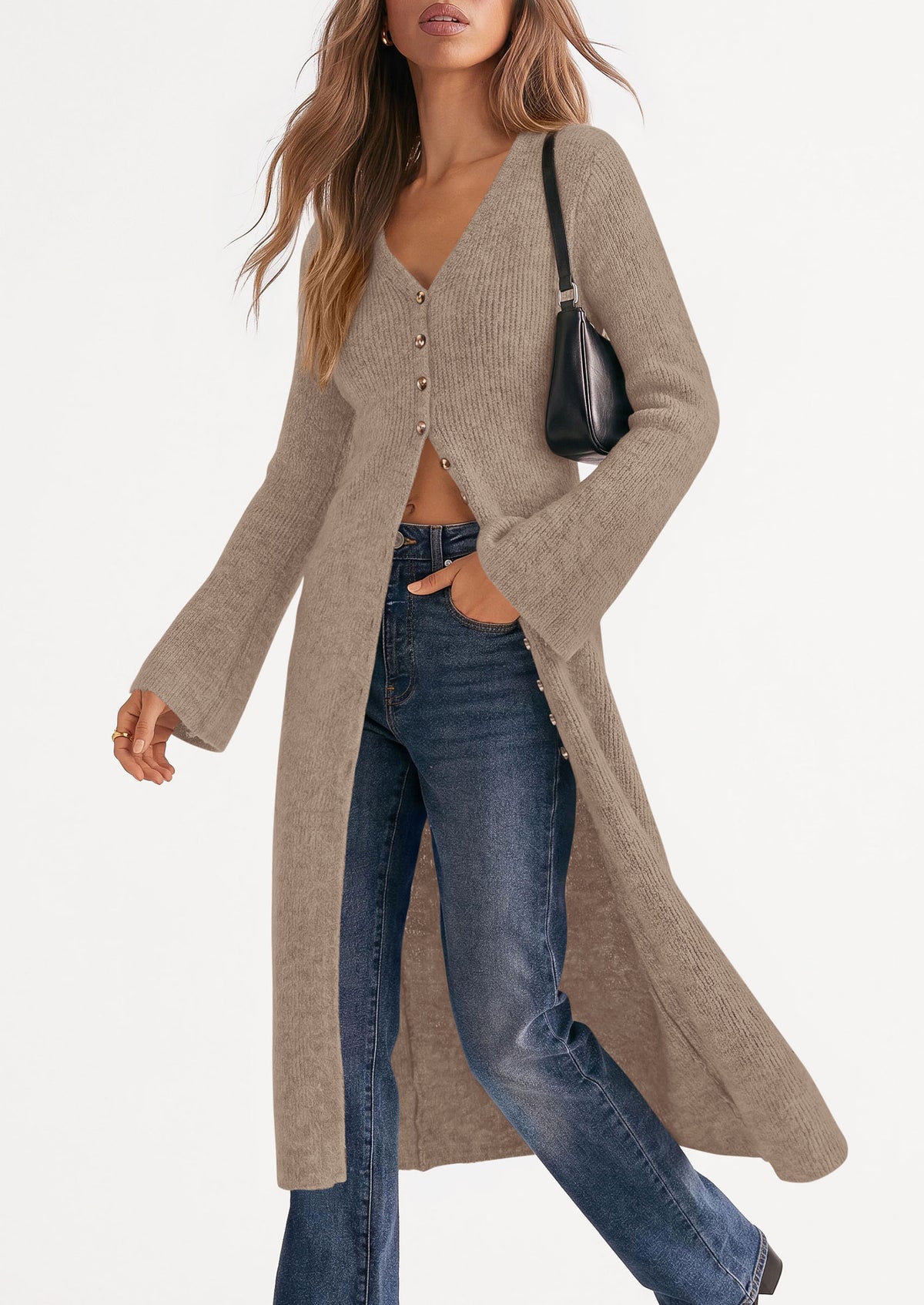 PRETTYGARDEN Women Long Cardigan Bell Sleeve Sweater Dress  Early Fall Fashion, V Neck Button Down Coats, Fit and Flare, Duster Sweater, Business Casual Outfits, Acrylic Cotton Blend