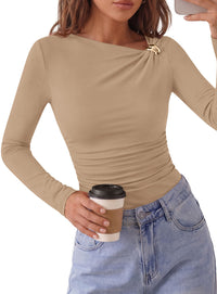 PRETTYGARDEN Long Sleeve Shirts for Women 2026 Ruched Knit Asymmetrical Tight Fitted Going Out Tops Y2k Fall Clothes