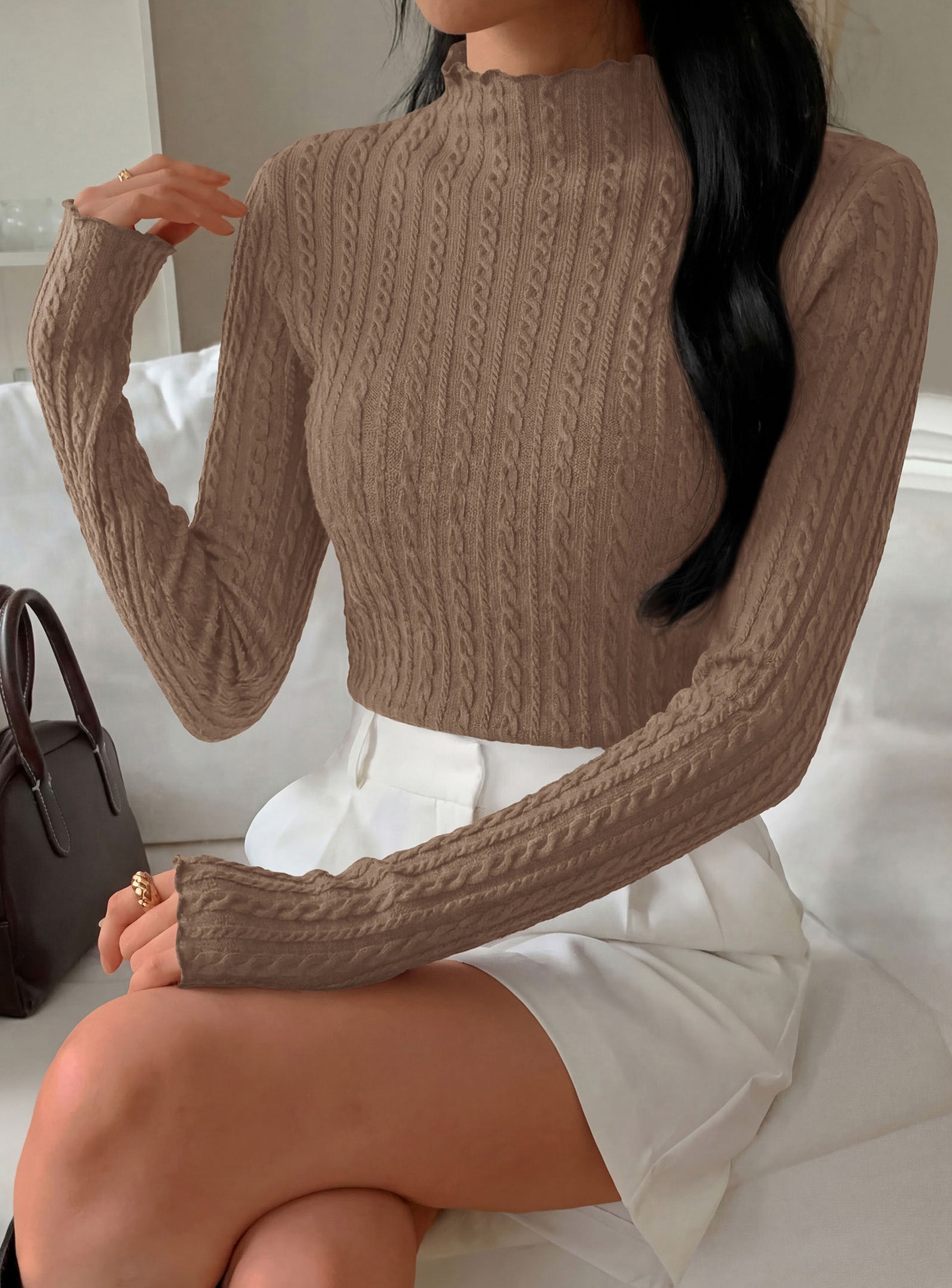 PRETTYGARDEN Women's Fall Long Sleeve Fitted Shirts | Comfy Stretchy Cable Knit, Trendy Lettuce Trim Mock Neck, Casual Basic Tees, Cute Layering Tops, 2026 Fashion Clothing